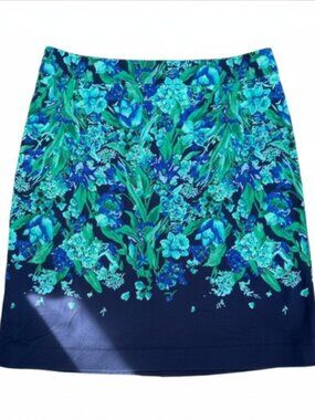 Talbots Navy Floral Pencil Skirt Zipper Kick Pleat S 14 Sophisticate Classic